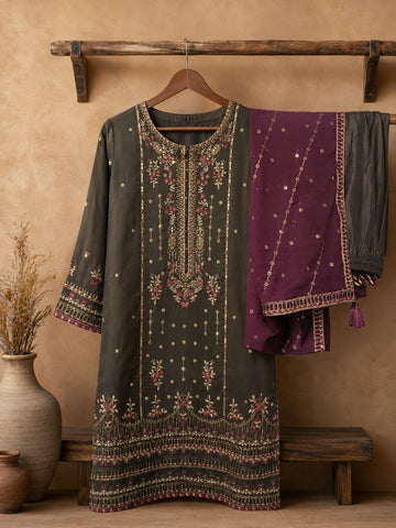 3 piece chiffon suit with embroidery all over, come with plazzo and chiffon duppata