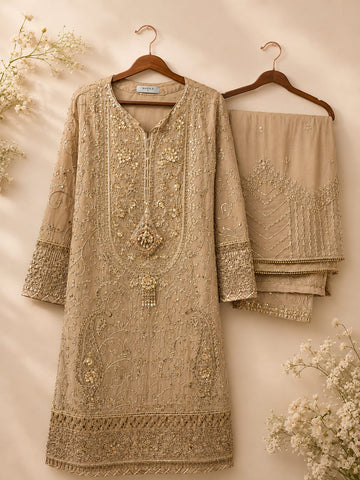 3 piece chiffon with zari work all over, beautiful embroidered plazzo and chiffon duppata.