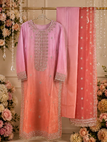 3 piece sheesha silk suit with stones and embroidered work in ombre style