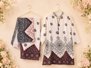 3 piece printed silk Ajrak with farshi shelwar