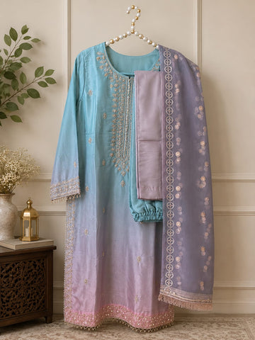 3 piece sheesha silk suit with stones and embroidered work in ombre style