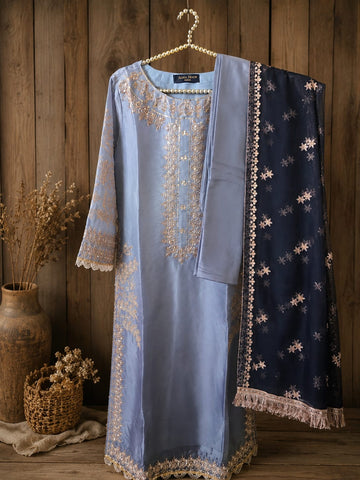 3 piece sheesha silk suit with stones and embroidered work in ombre style