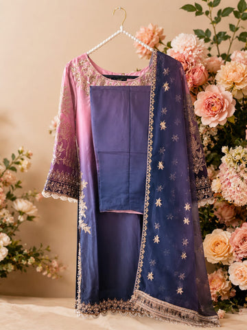 3 piece sheesha silk suit with stones and embroidered work in ombre style
